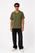 Erkek V Yaka Basic Tişört Kısa Kol Yazlık Regular Fit T-Shirt - Haki
