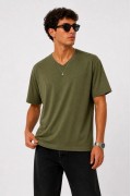 Erkek V Yaka Basic Tişört Kısa Kol Yazlık Regular Fit T-Shirt - Haki