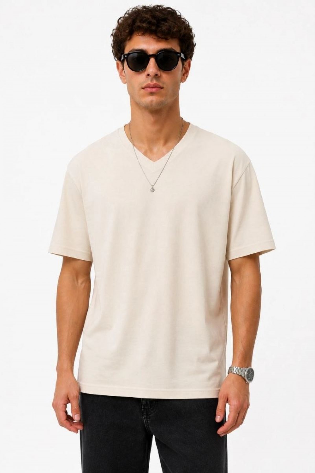 Erkek V Yaka Basic Tişört Kısa Kol Yazlık Regular Fit T-Shirt - Bej