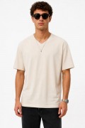 Erkek V Yaka Basic Tişört Kısa Kol Yazlık Regular Fit T-Shirt - Bej