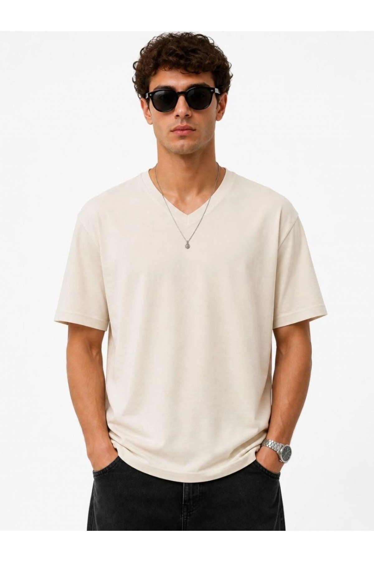 Erkek V Yaka Basic Tişört Kısa Kol Yazlık Regular Fit T-Shirt - Bej