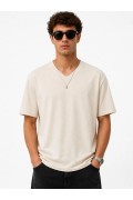 Erkek V Yaka Basic Tişört Kısa Kol Yazlık Regular Fit T-Shirt - Bej