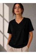 Kadın V Yaka Basic Tişört Kısa Kol Yazlık Regular Fit T-Shirt - Siyah