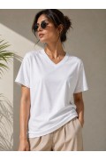 Kadın V Yaka Basic Tişört Kısa Kol Yazlık Regular Fit T-Shirt - Beyaz