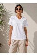 Kadın V Yaka Basic Tişört Kısa Kol Yazlık Regular Fit T-Shirt - Beyaz