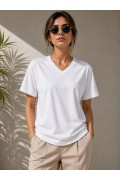 Kadın V Yaka Basic Tişört Kısa Kol Yazlık Regular Fit T-Shirt - Beyaz