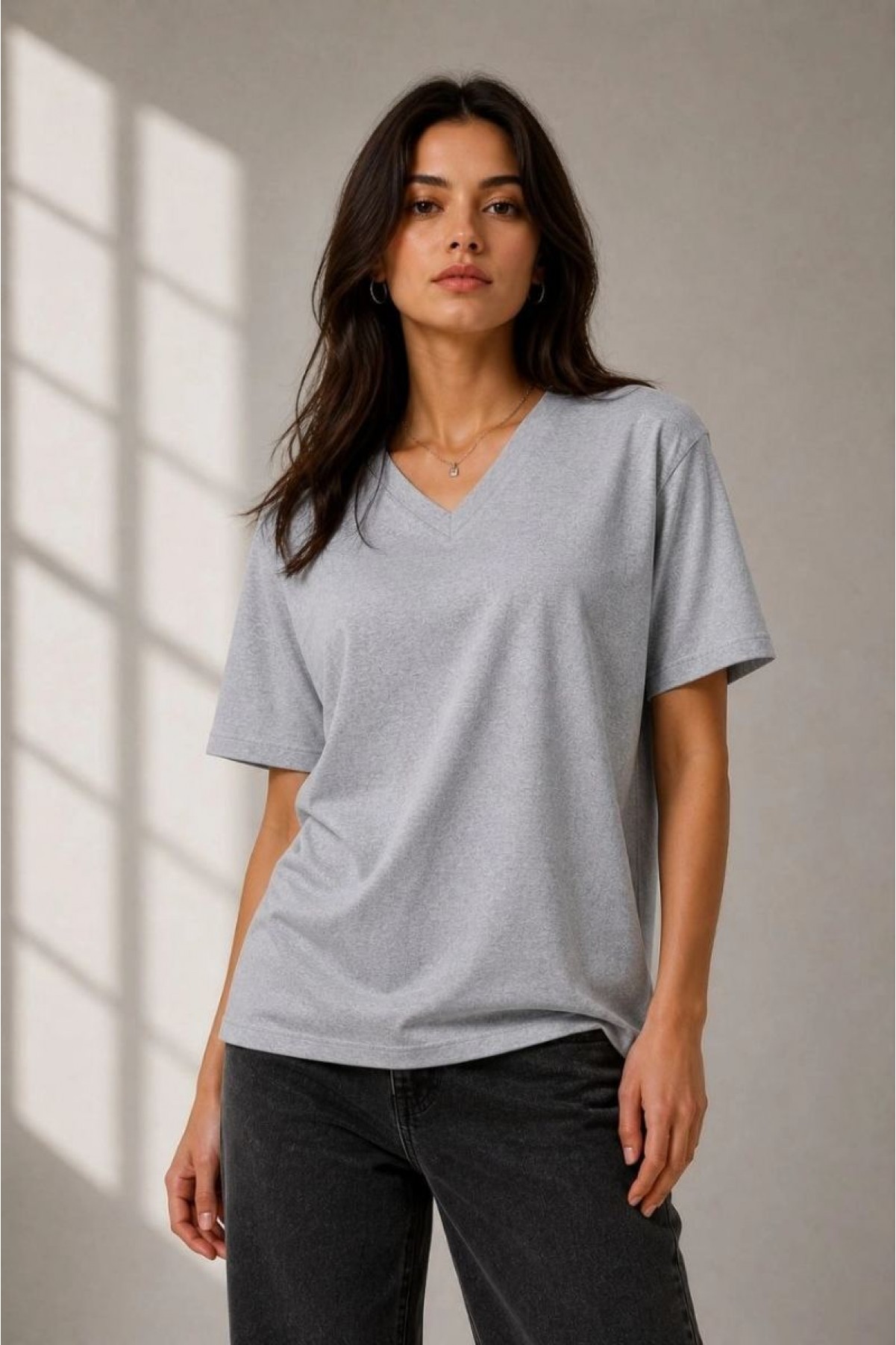 Kadın V Yaka Basic Tişört Kısa Kol Yazlık Regular Fit T-Shirt - Gri