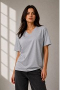 Kadın V Yaka Basic Tişört Kısa Kol Yazlık Regular Fit T-Shirt - Gri