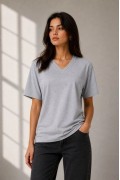 Kadın V Yaka Basic Tişört Kısa Kol Yazlık Regular Fit T-Shirt - Gri