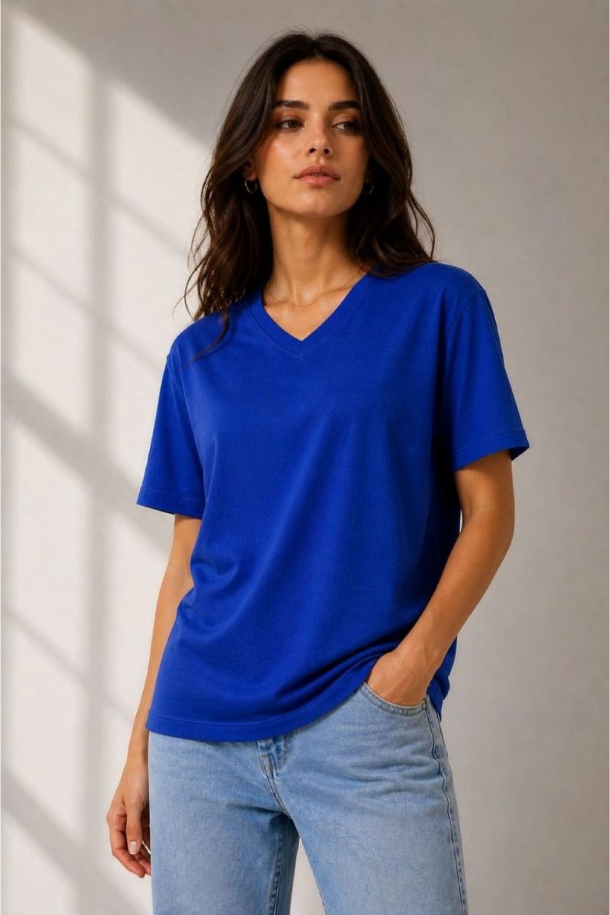 Kadın V Yaka Basic Tişört Kısa Kol Yazlık Regular Fit T-Shirt - Saks Mavisi