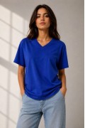 Kadın V Yaka Basic Tişört Kısa Kol Yazlık Regular Fit T-Shirt - Saks Mavisi