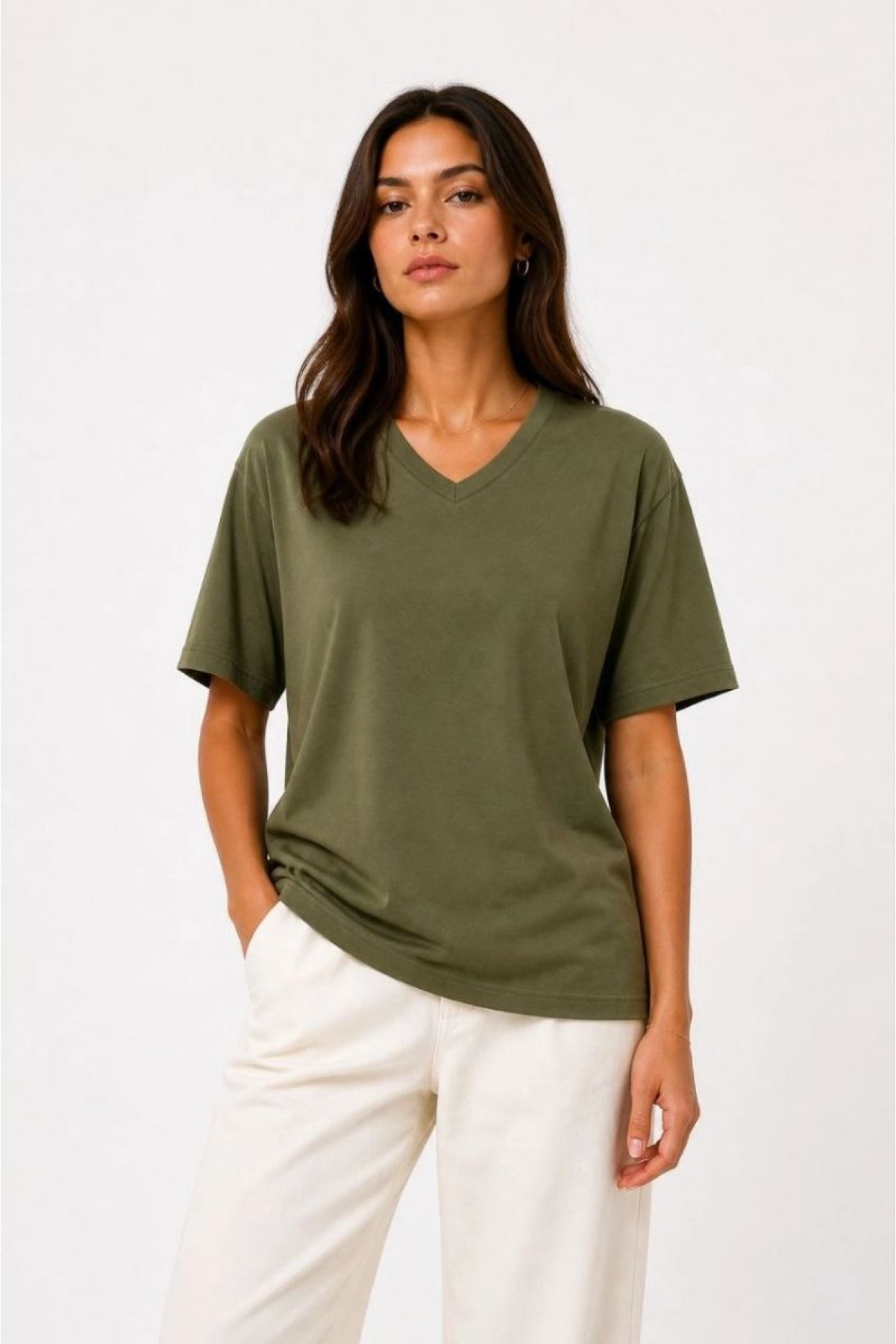 Kadın V Yaka Basic Tişört Kısa Kol Yazlık Regular Fit T-Shirt - Haki