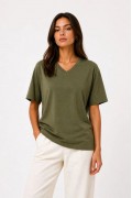 Kadın V Yaka Basic Tişört Kısa Kol Yazlık Regular Fit T-Shirt - Haki