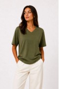 Kadın V Yaka Basic Tişört Kısa Kol Yazlık Regular Fit T-Shirt - Haki