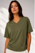 Kadın V Yaka Basic Tişört Kısa Kol Yazlık Regular Fit T-Shirt - Haki