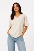 Kadın V Yaka Basic Tişört Kısa Kol Yazlık Regular Fit T-Shirt - Bej
