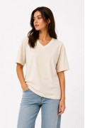 Kadın V Yaka Basic Tişört Kısa Kol Yazlık Regular Fit T-Shirt - Bej