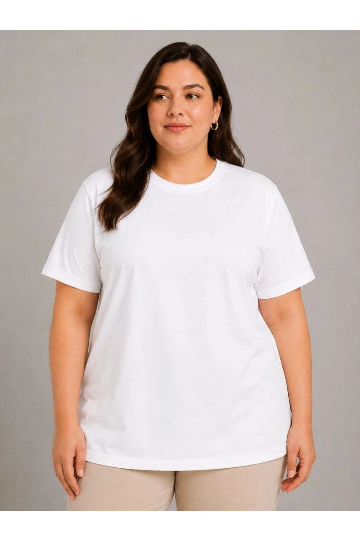 Kadın Battal Big Size Basic Tişört Bisiklet Yaka Rahat Kalıp T-Shirt - Beyaz