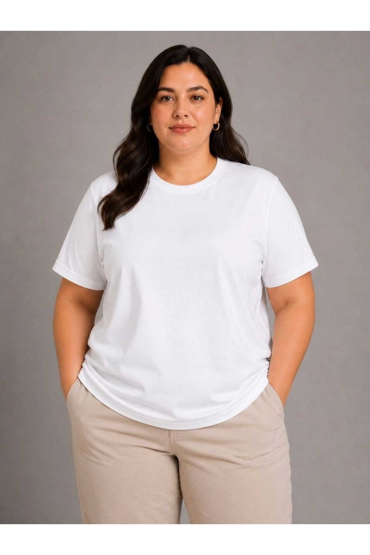 Kadın Battal Big Size Basic Tişört Bisiklet Yaka Rahat Kalıp T-Shirt - Beyaz
