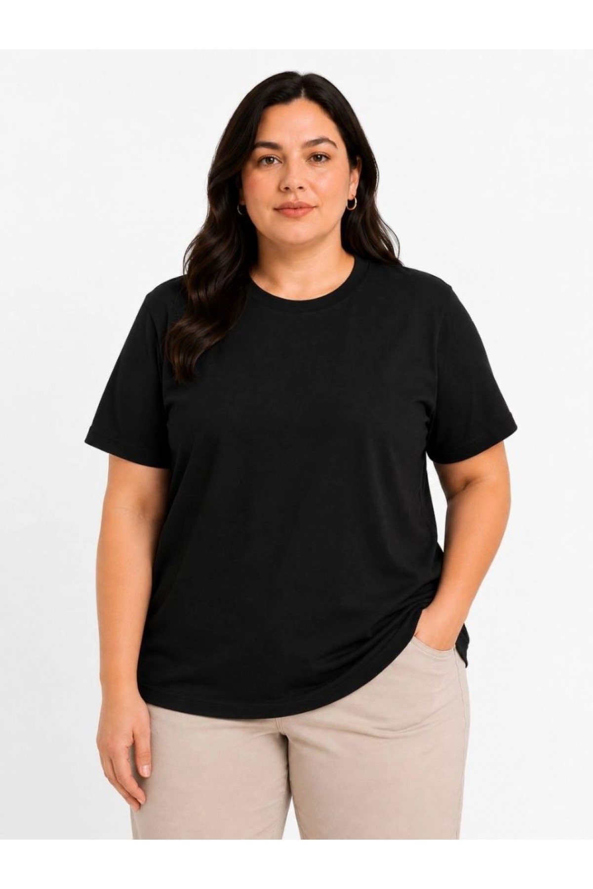 Kadın Battal Big Size Basic Tişört Bisiklet Yaka Rahat Kalıp T-Shirt - Siyah