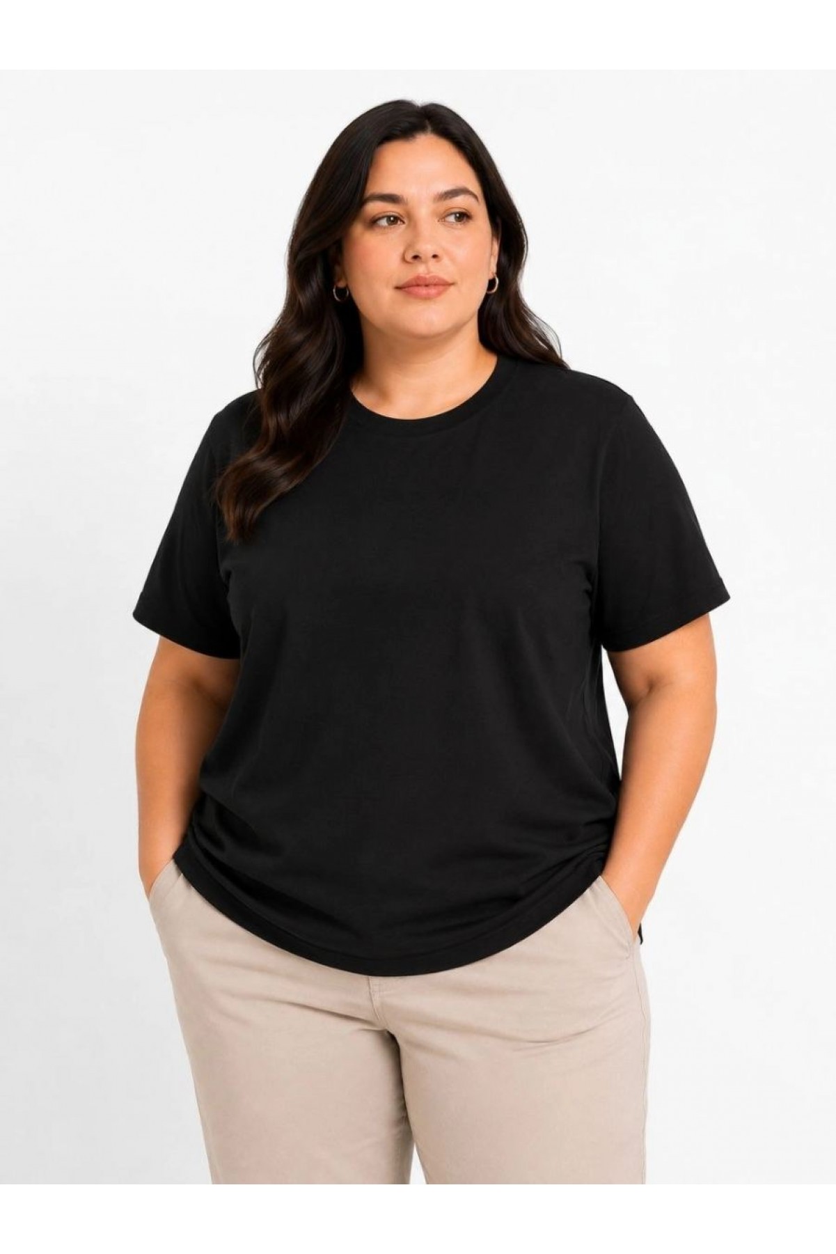 Kadın Battal Big Size Basic Tişört Bisiklet Yaka Rahat Kalıp T-Shirt - Siyah