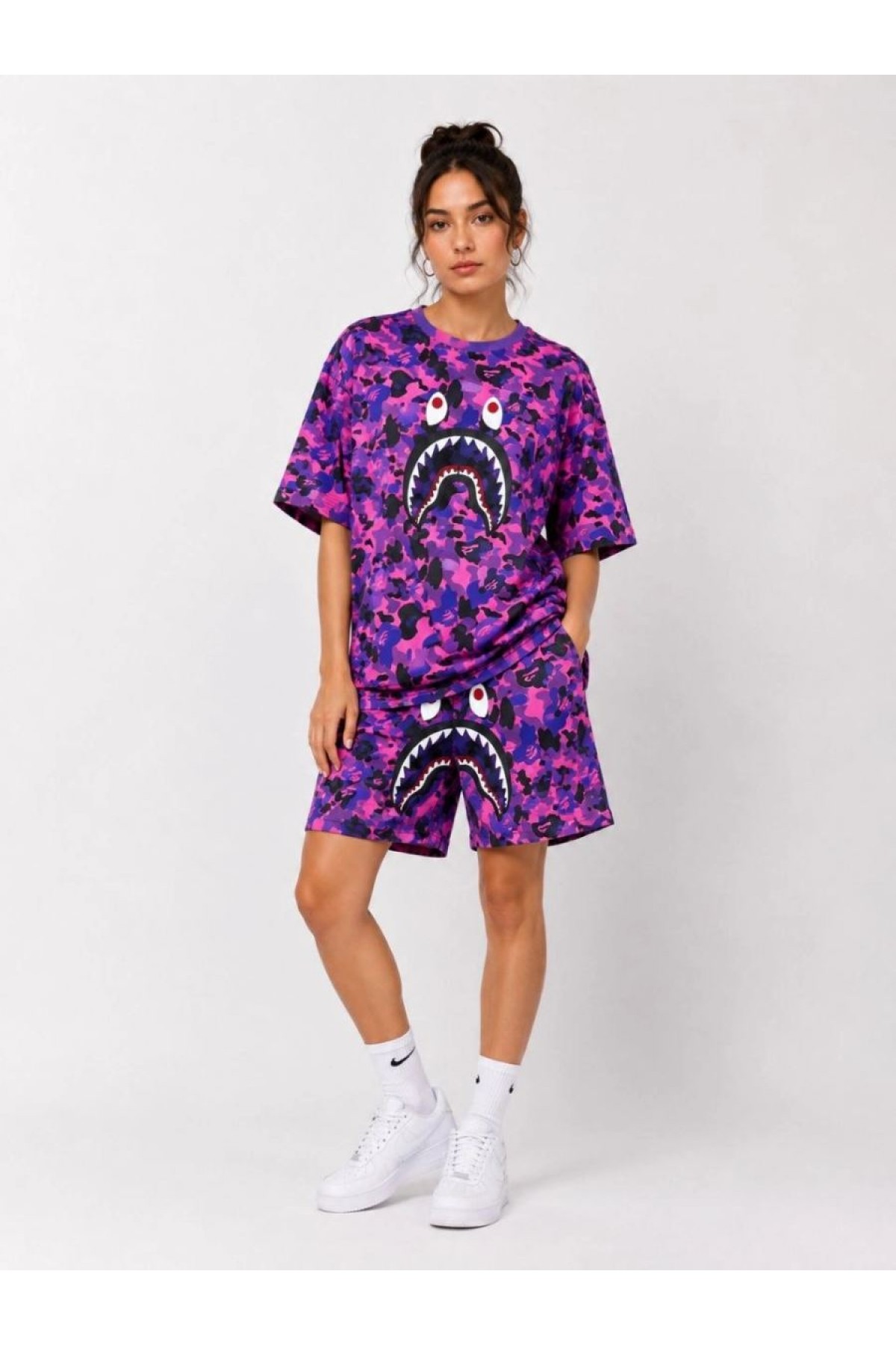 Kadın Oversize Kalıp Pubg Bape X Shark Nakışlı Cepli Şort Takım - Mor