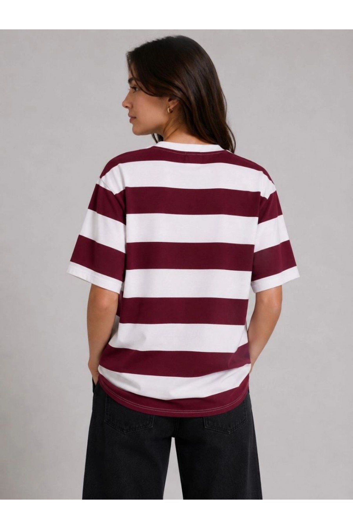 Kadın Çizgili Oversize Tişört Bisiklet Yaka Kısa Kol Yazlık T-Shirt - Bordo