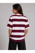 Kadın Çizgili Oversize Tişört Bisiklet Yaka Kısa Kol Yazlık T-Shirt - Bordo