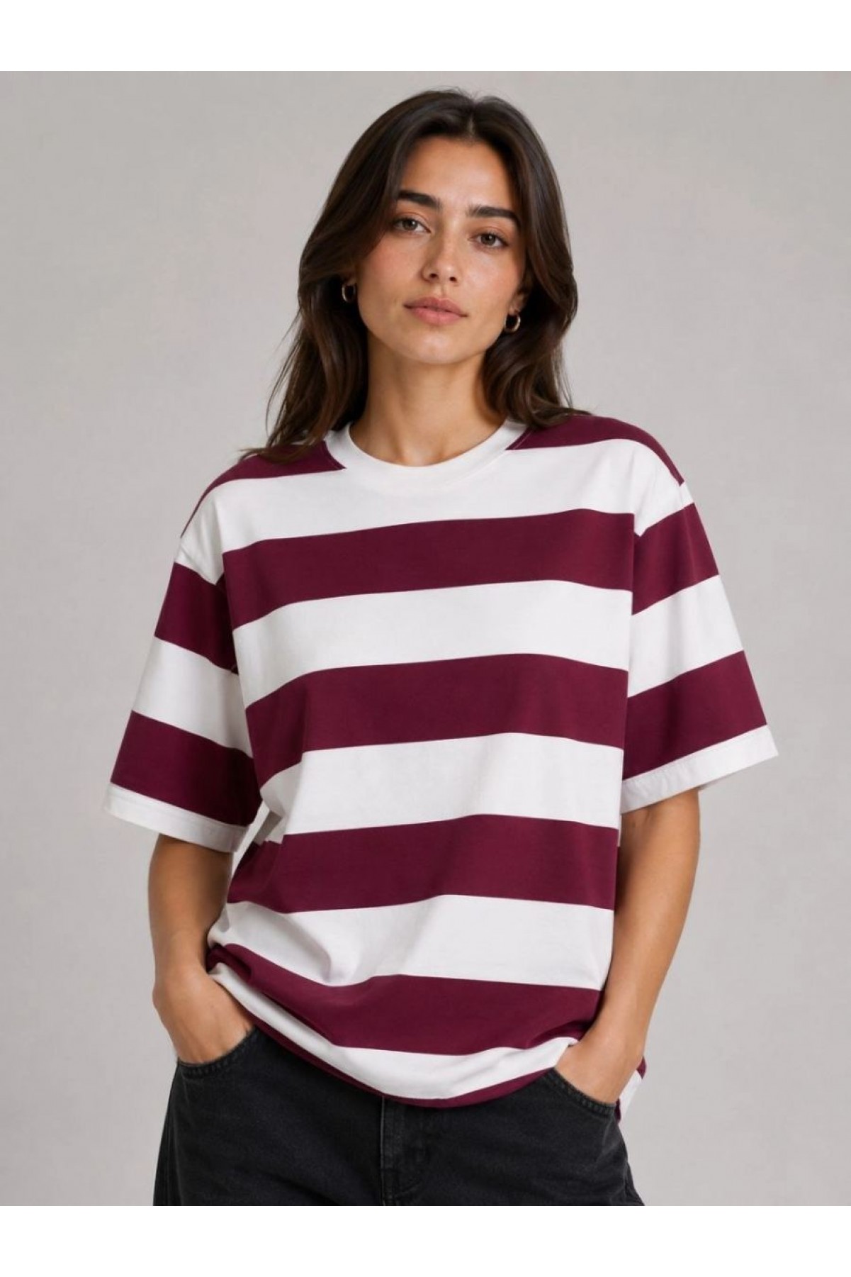 Kadın Çizgili Oversize Tişört Bisiklet Yaka Kısa Kol Yazlık T-Shirt - Bordo