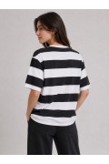 Kadın Çizgili Oversize Tişört Bisiklet Yaka Kısa Kol Yazlık T-Shirt - Siyah
