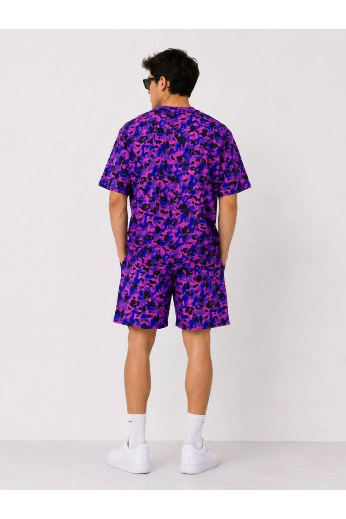 Erkek Oversize Kalıp Pubg Bape X Shark Nakışlı Cepli Şort Takım - Mor