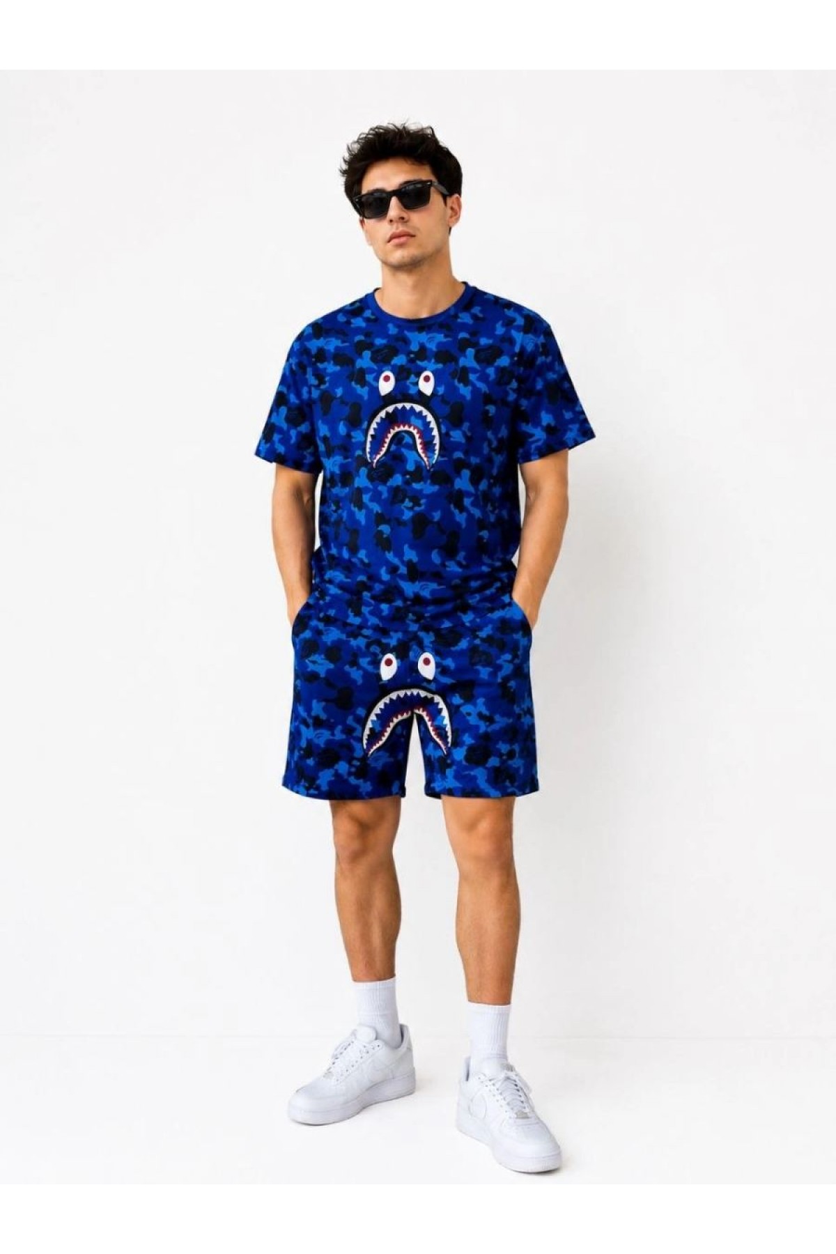 Erkek Oversize Kalıp Pubg Bape X Shark Nakışlı Cepli Şort Takım - Mavi