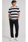 Erkek Çizgili Oversize Tişört Bisiklet Yaka Kısa Kol Yazlık T-Shirt - Siyah