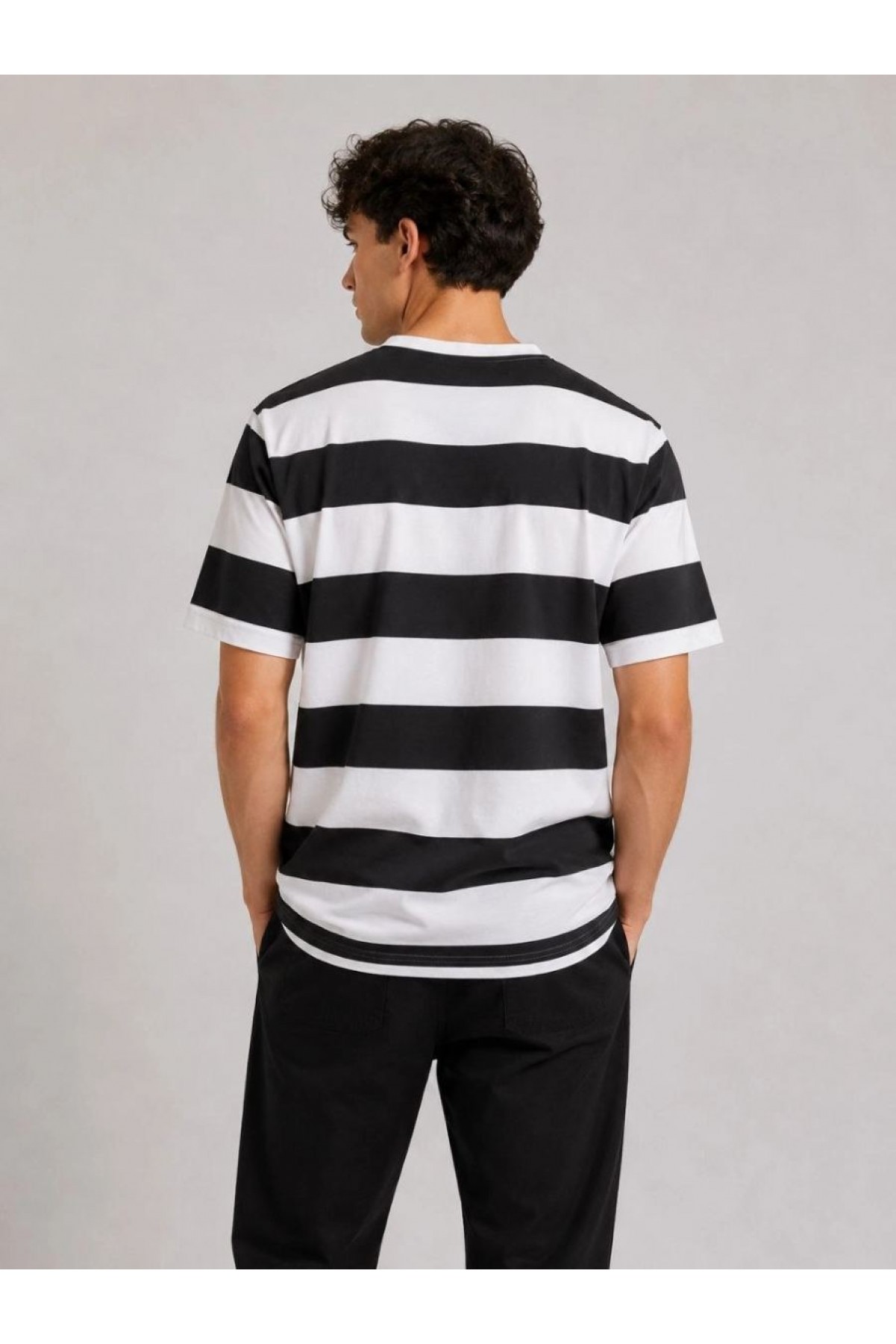 Erkek Çizgili Oversize Tişört Bisiklet Yaka Kısa Kol Yazlık T-Shirt - Siyah