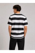 Erkek Çizgili Oversize Tişört Bisiklet Yaka Kısa Kol Yazlık T-Shirt - Siyah