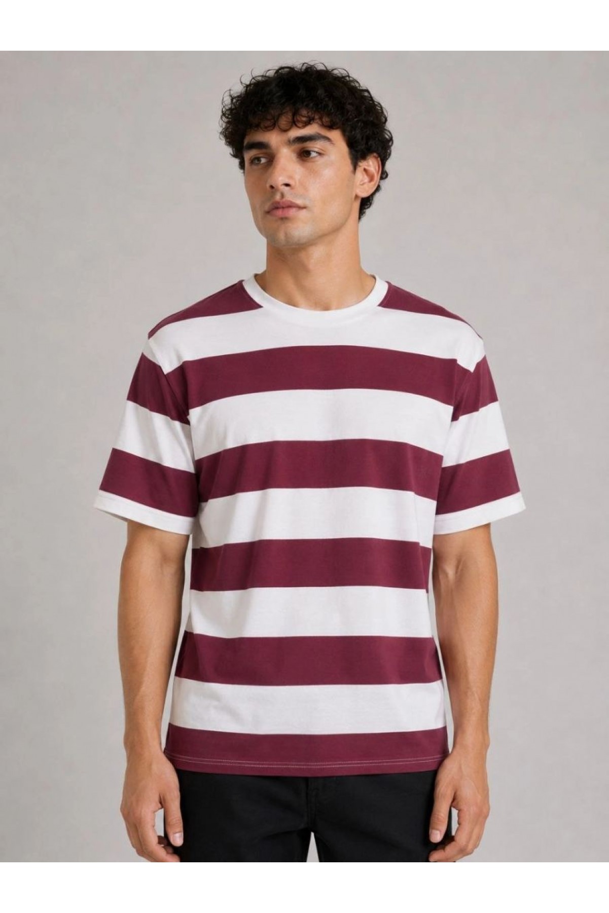 Erkek Çizgili Oversize Tişört Bisiklet Yaka Kısa Kol Yazlık T-Shirt - Bordo