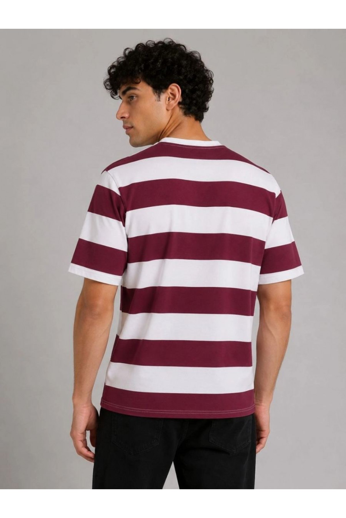 Erkek Çizgili Oversize Tişört Bisiklet Yaka Kısa Kol Yazlık T-Shirt - Bordo