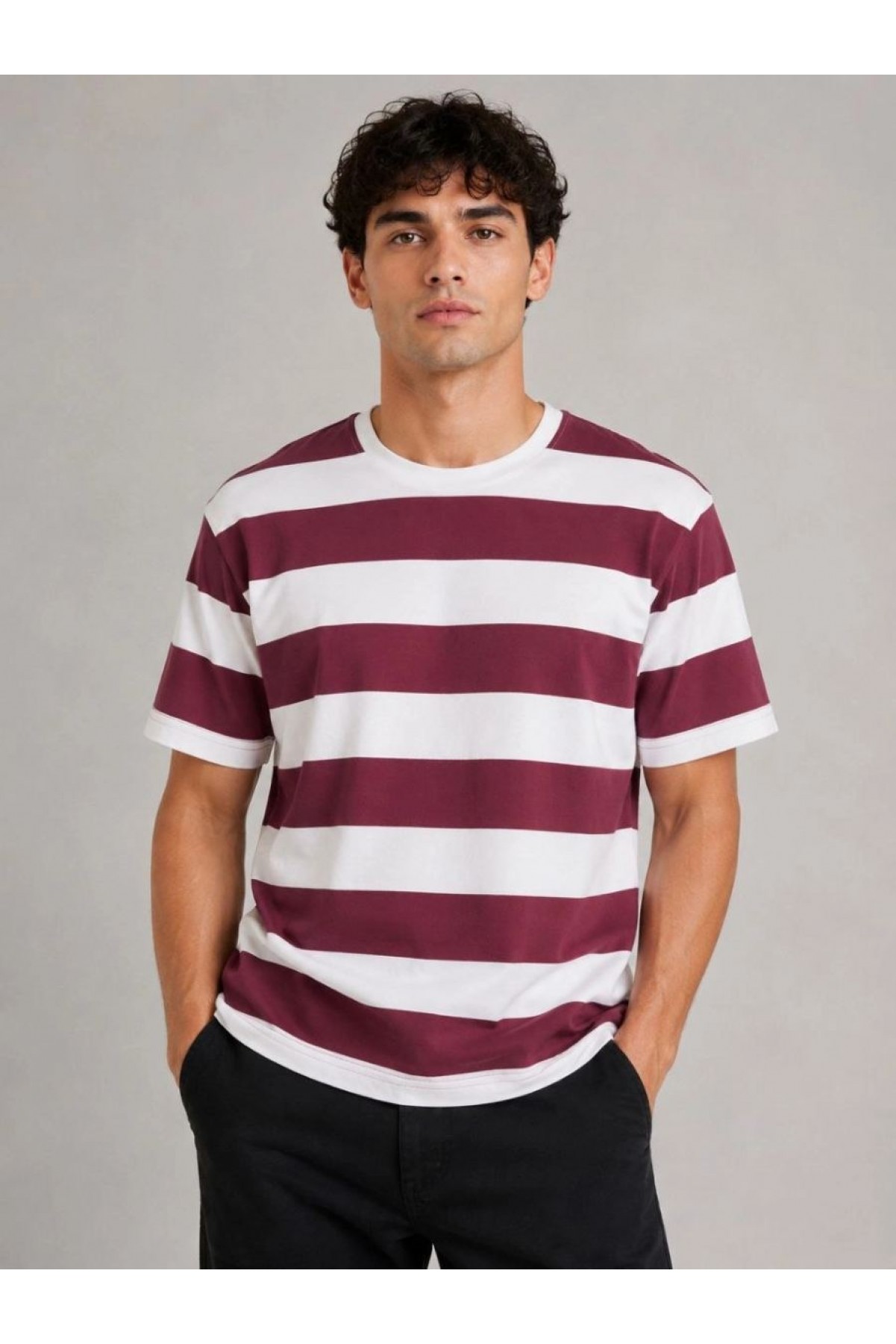 Erkek Çizgili Oversize Tişört Bisiklet Yaka Kısa Kol Yazlık T-Shirt - Bordo