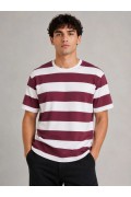 Erkek Çizgili Oversize Tişört Bisiklet Yaka Kısa Kol Yazlık T-Shirt - Bordo
