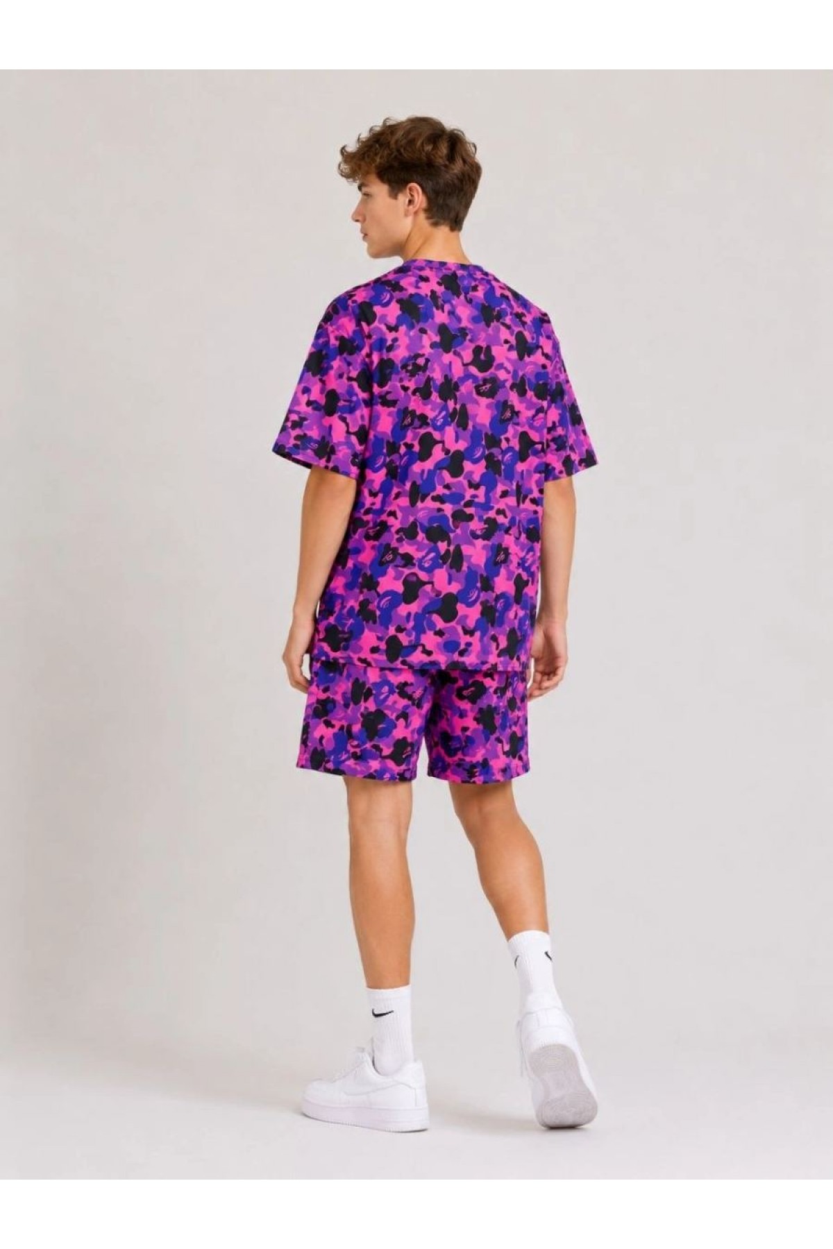 Erkek Çocuk Oversize Kalıp Pubg Bape X Shark Nakışlı Cepli Şort Takım - Mor
