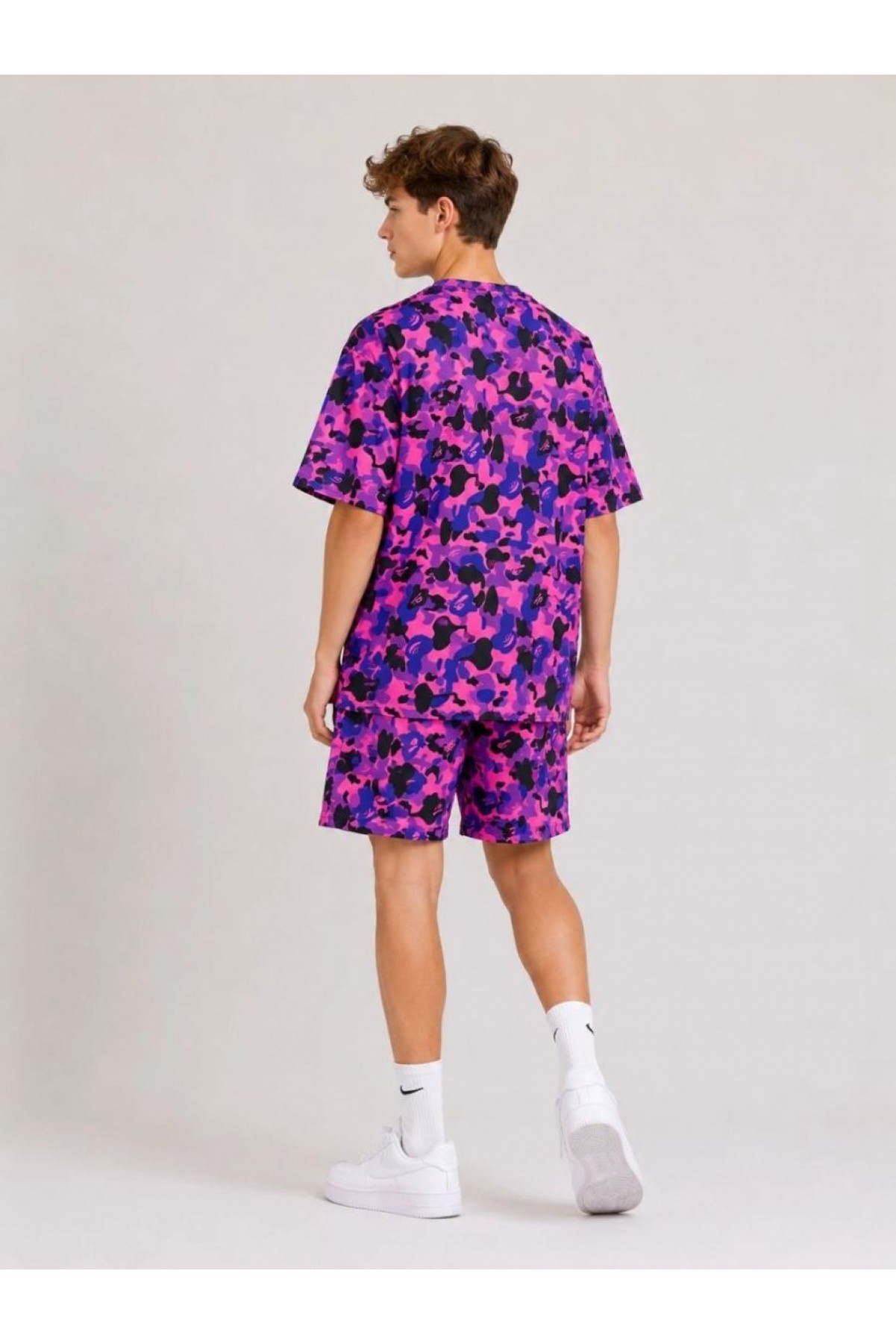 Erkek Çocuk Oversize Kalıp Pubg Bape X Shark Nakışlı Cepli Şort Takım - Mor