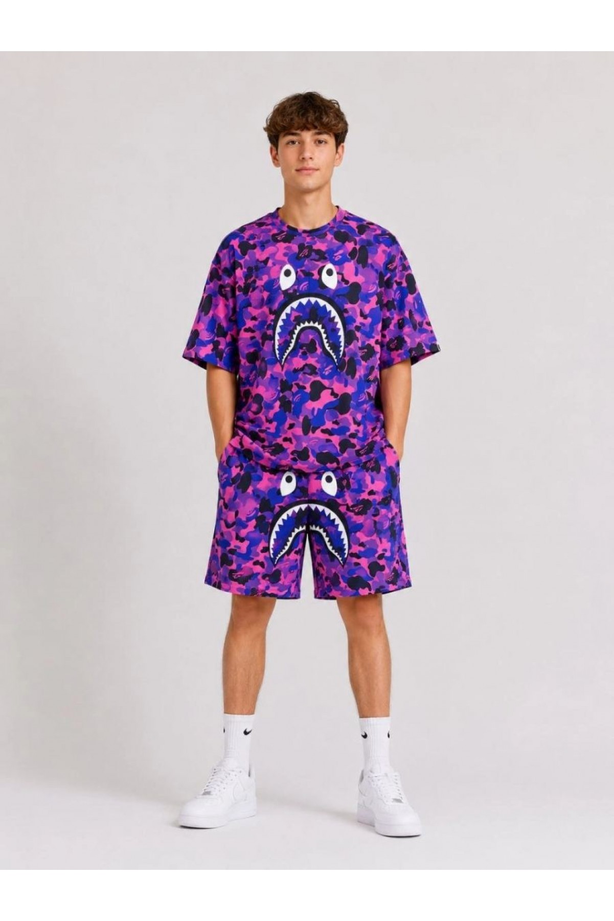 Erkek Çocuk Oversize Kalıp Pubg Bape X Shark Nakışlı Cepli Şort Takım - Mor