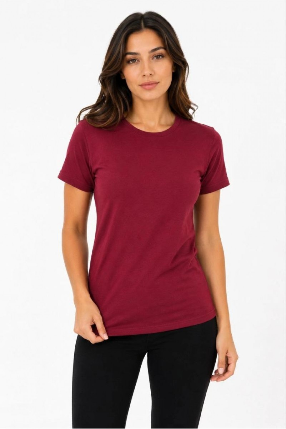 Kadın Basic Tişört Bisiklet Yaka Kısa Kol Günlük Yazlık Slim fit T-Shirt - Bordo