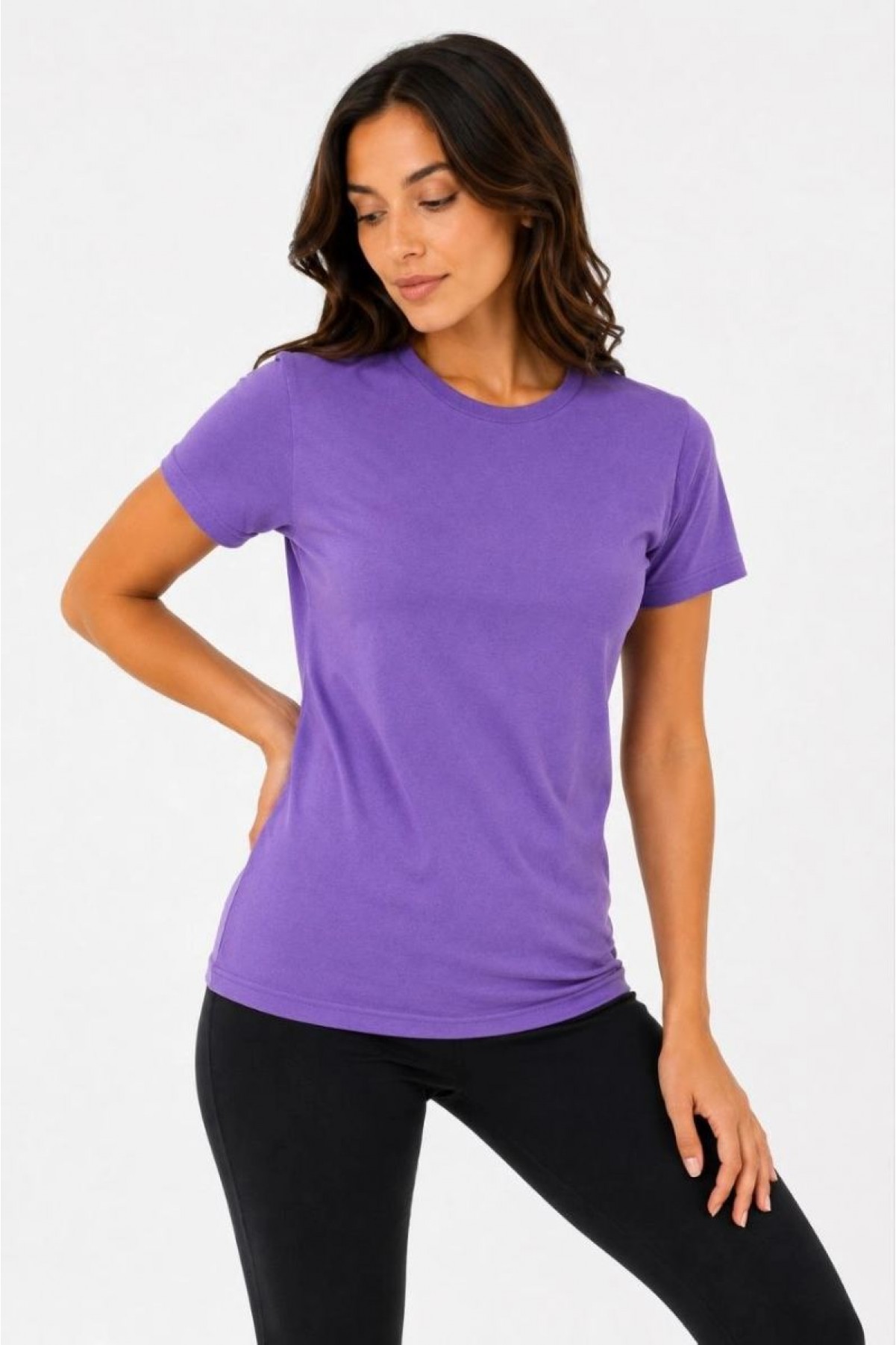 Kadın Basic Tişört Bisiklet Yaka Kısa Kol Günlük Yazlık Slim fit T-Shirt - Mor