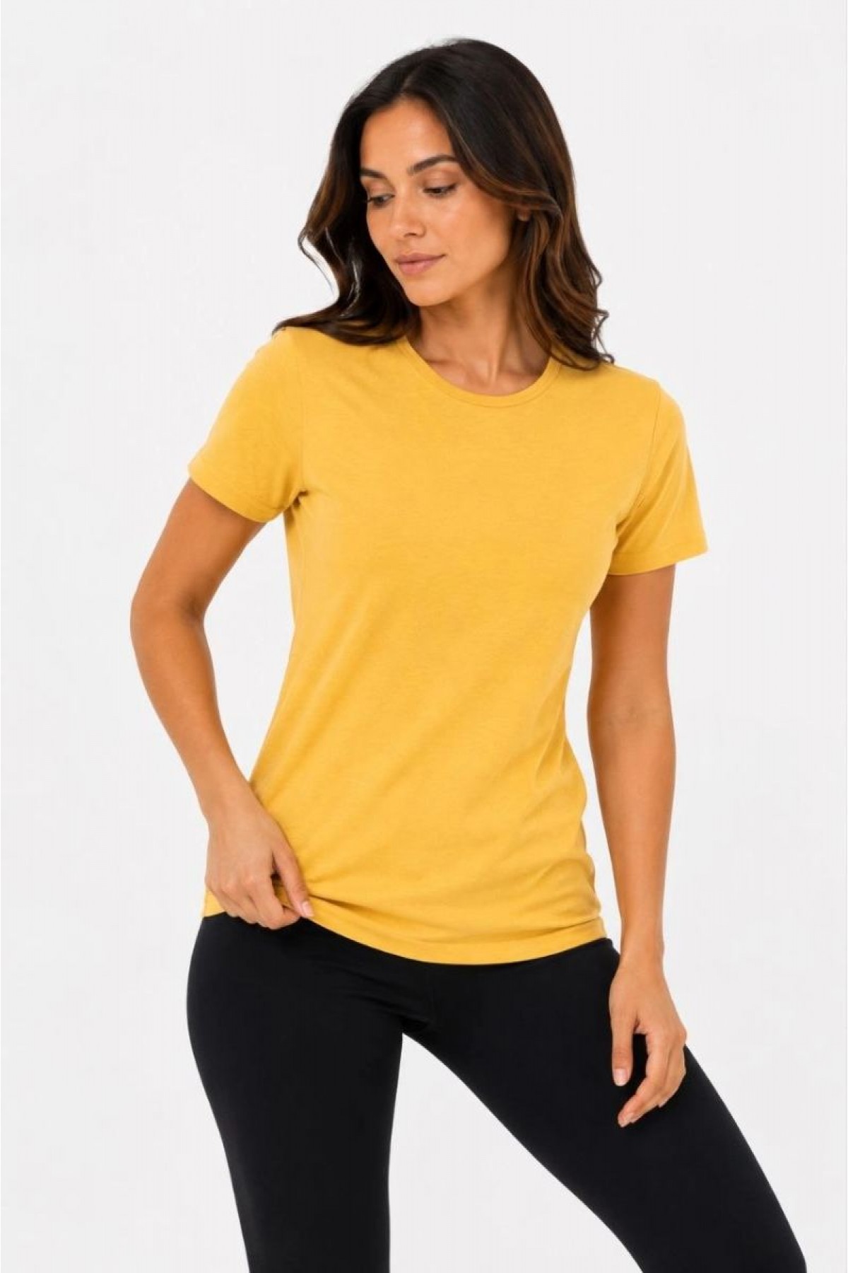 Kadın Basic Tişört Bisiklet Yaka Kısa Kol Günlük Yazlık Slim fit T-Shirt - Sarı