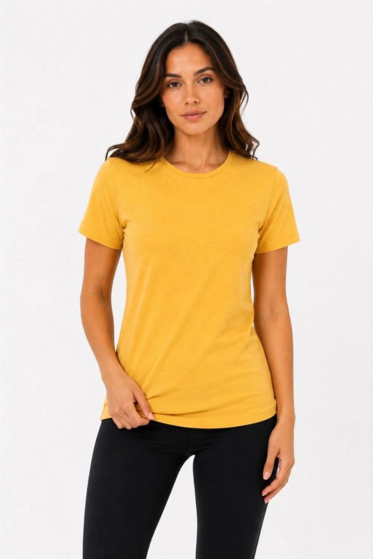 Kadın Basic Tişört Bisiklet Yaka Kısa Kol Günlük Yazlık Slim fit T-Shirt - Sarı