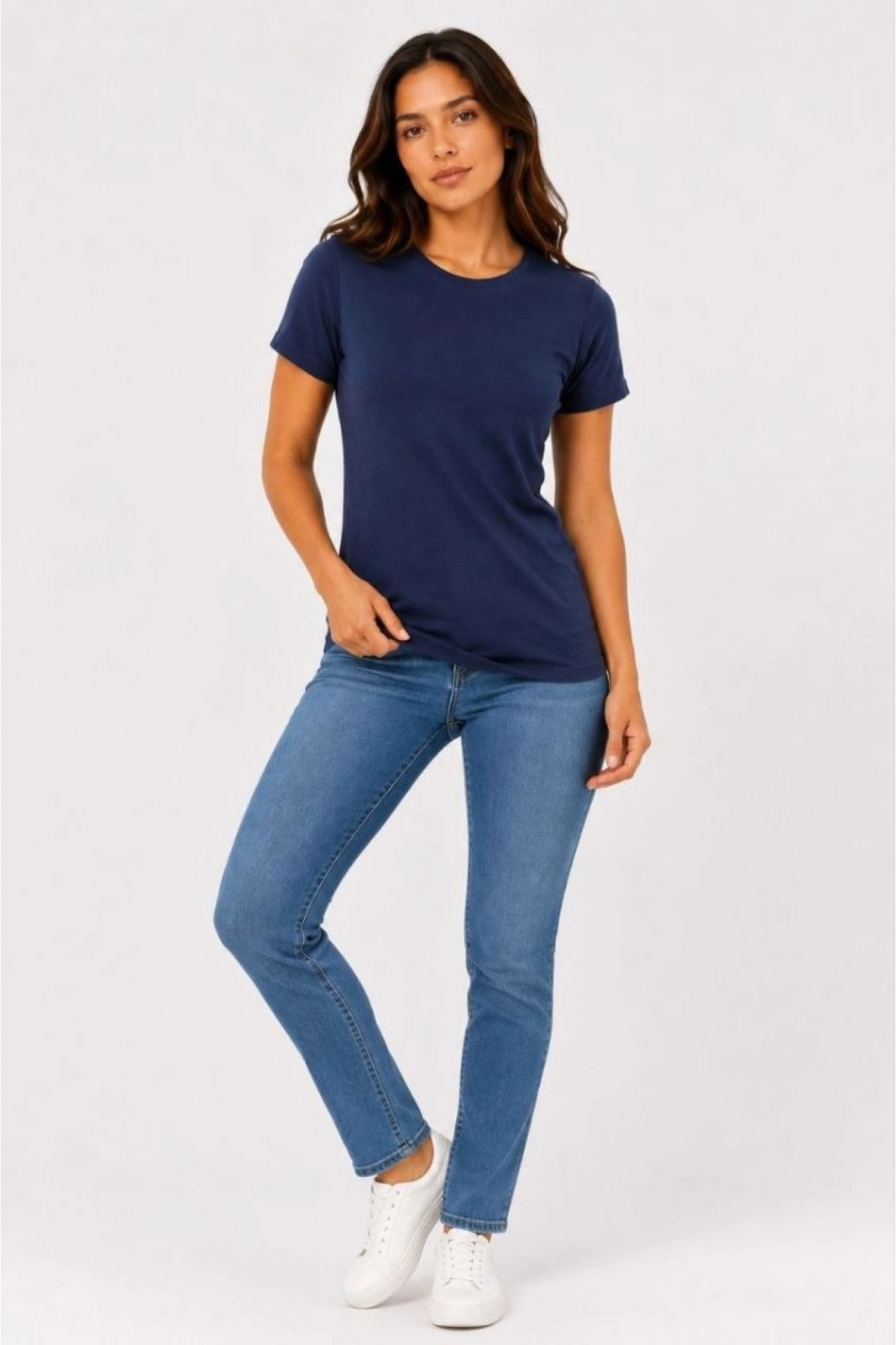 Kadın Basic Tişört Bisiklet Yaka Kısa Kol Günlük Yazlık Slim fit T-Shirt - Lacivert