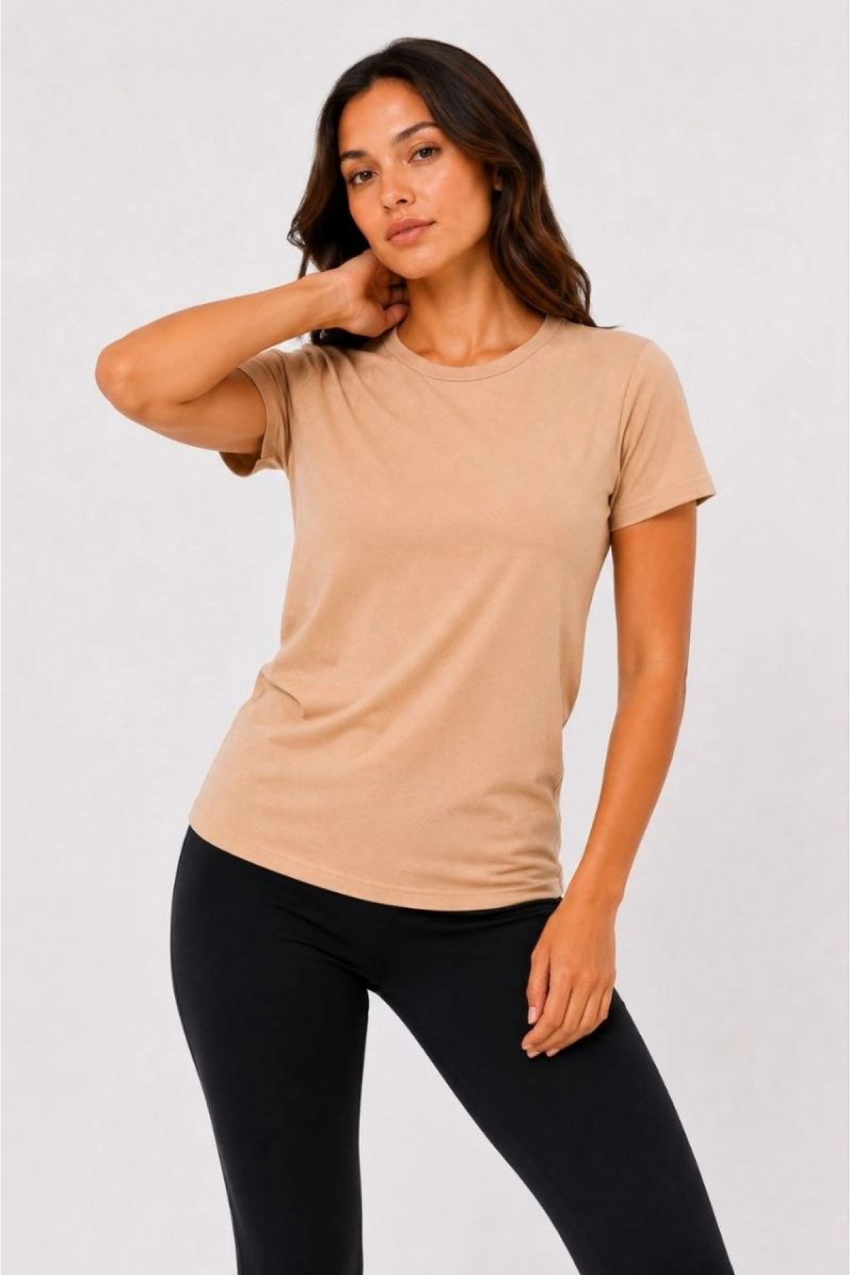 Kadın Basic Tişört Bisiklet Yaka Kısa Kol Günlük Yazlık Slim fit T-Shirt - Bej