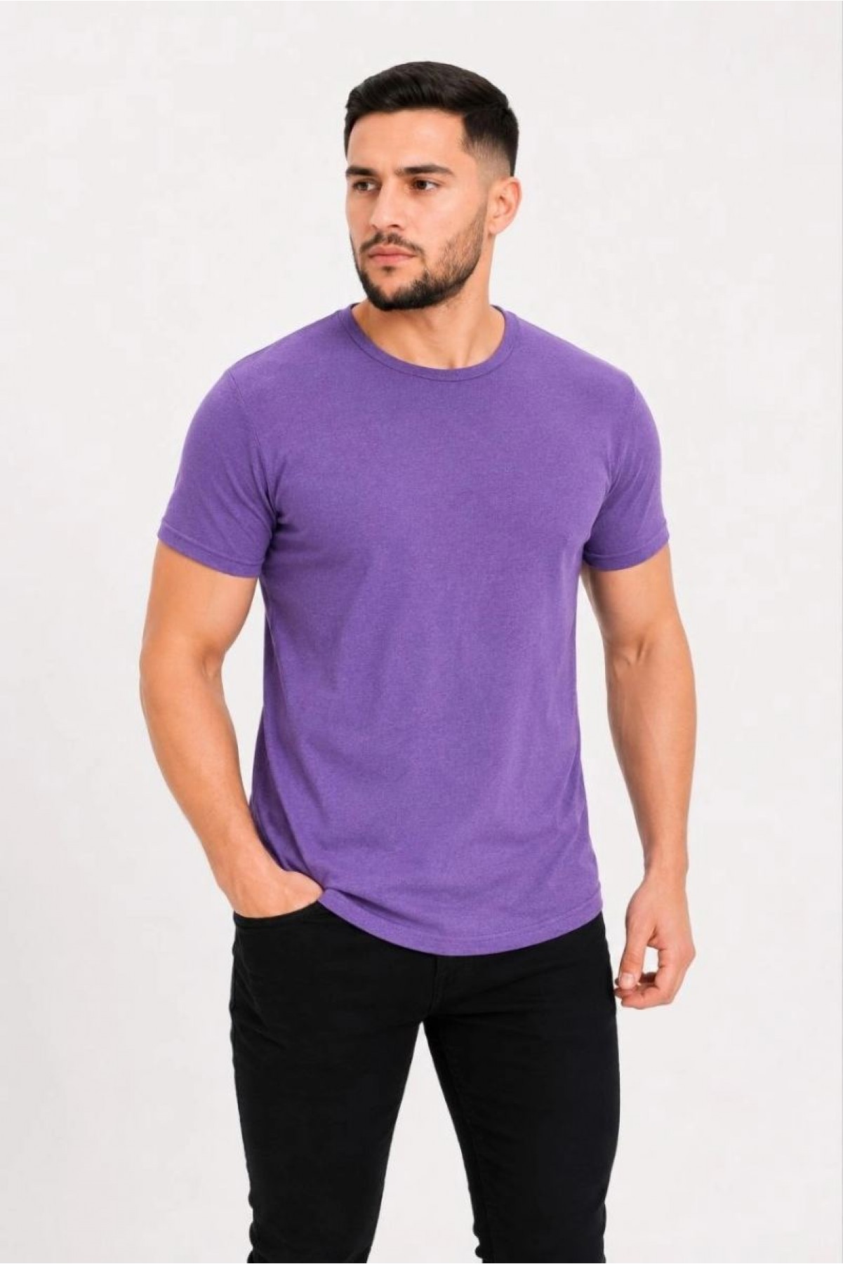 Erkek Basic Tişört Bisiklet Yaka Kısa Kol Günlük Yazlık Slim fit T-Shirt - Mor