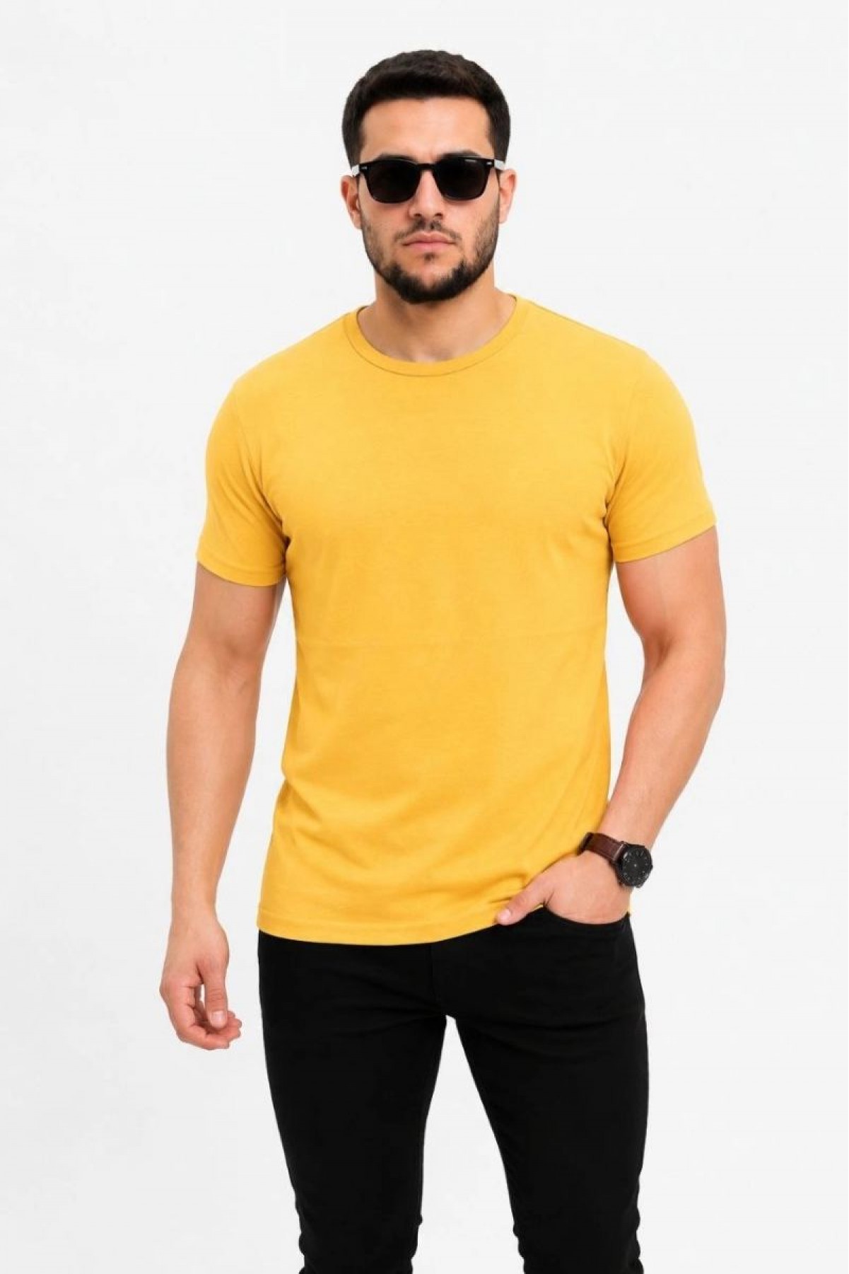 Erkek Basic Tişört Bisiklet Yaka Kısa Kol Günlük Yazlık Slim fit T-Shirt - Sarı